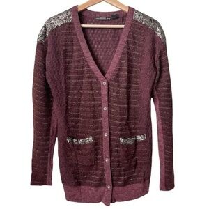Miss Me Light Weight Button Up Cardigan Boucle Sequin Maroon SMALL